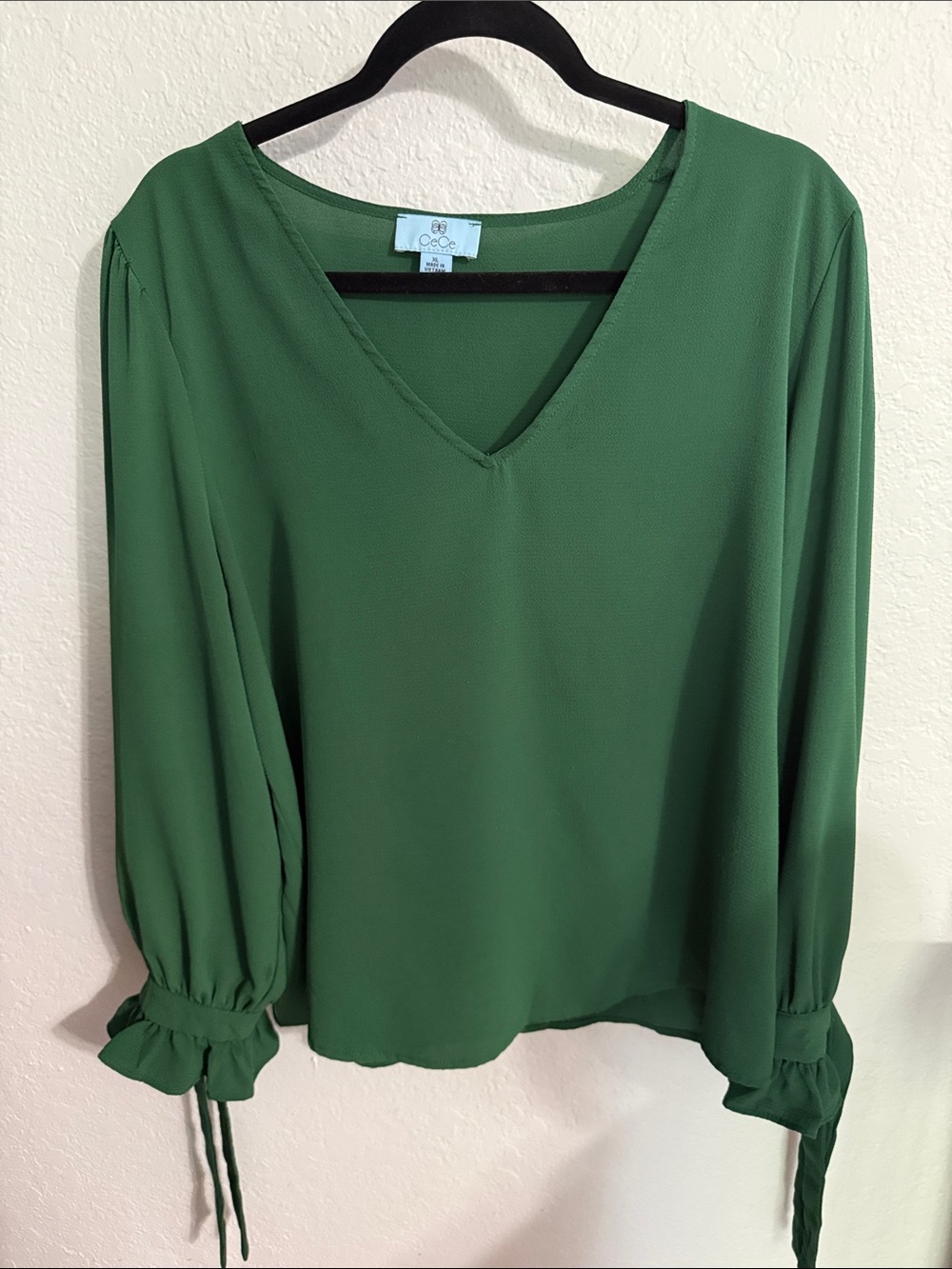 CeCe Emerald Green V-Neck Tie-Cuff Blouse